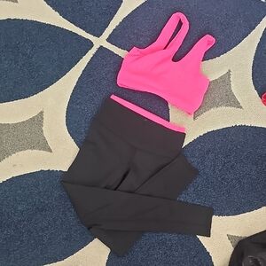 Pink Sports Bra and Black Leggings Set